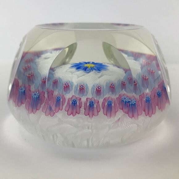 Perthshire 1996B Blue Flower on Lace Floral Pink Daisy Canes Faceted Paperweight - Picture 6 of 13
